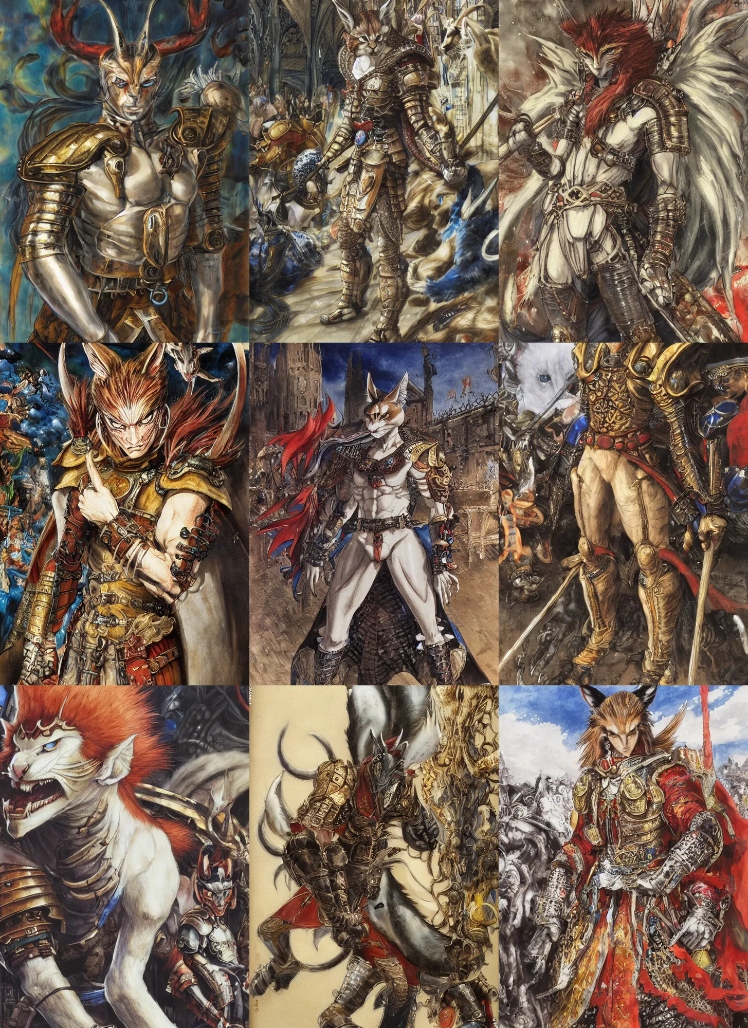 Image similar to 8k Yoshitaka Amano painting of upper body of a young cool looking slim caracal beast-man with white mane at a medieval market at windy day. Depth of field. He is wearing complex fantasy armors. He has huge paws. Renaissance style lighting.