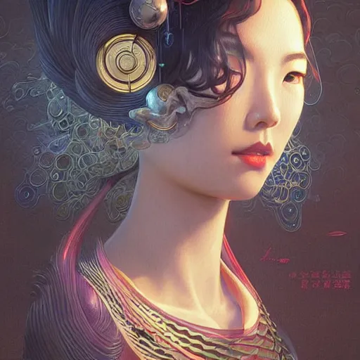 Image similar to japanese waitress, intricate, elegant, wavy, zig zag, jagged, varnished, rgb crt scanlines, highly detailed, smooth, sharp focus, award - winning, masterpiece, in the style of tom bagshaw, cedric peyravernay, peter mohrbacher, pinterest