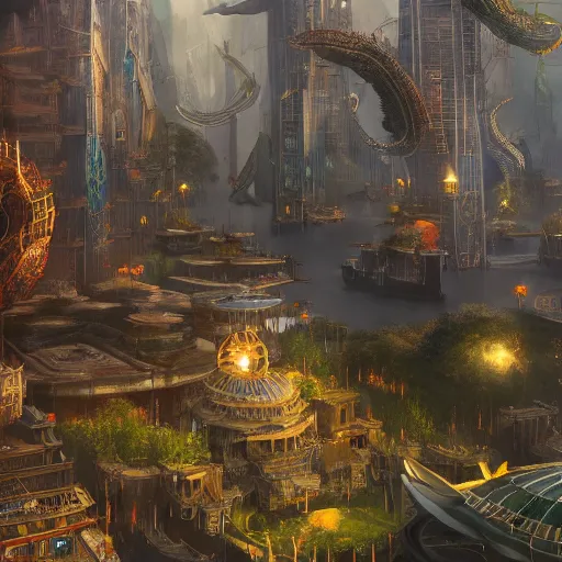 Prompt: a utopian city, filled with fauna, with building floating around everywhere, doctor strange, dynamic lighting, fantasy concept art, trending on art station, stunning visuals, creative, cinematic, intricately detailed, unreal engine, 4 k