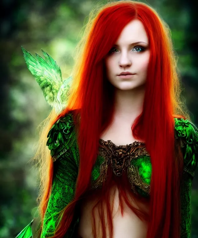 Prompt: Beautiful young woman, Fae, Fantasy, portrait, long red hair, green highlights