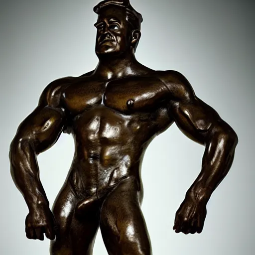 Prompt: a bronze statue of an extremely muscled spongebob squarepants, studio lighting