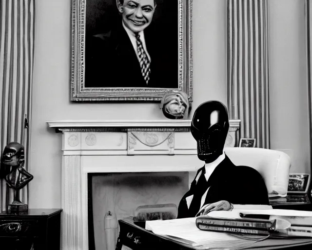 Image similar to a b-move alien lizard man wearing a suit, in the oval office, 1951, early black and white photo, cdx