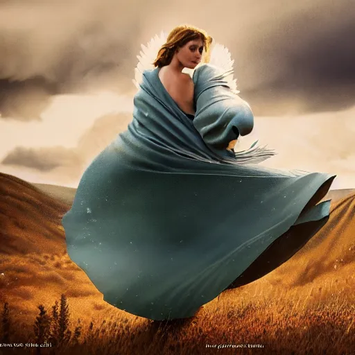 Image similar to royalty angel, big wings, argentina, natalie portman, hudson river school, max rive, full plate armor, f 1 6, bokeh, gentle, female, snowy mountain, storm clouds, god rays, close up portrait, d & d, fantasy, elegant, teal pink white gold color palette, concept art, roger deakins and greg rutkowski and alphonse mucha