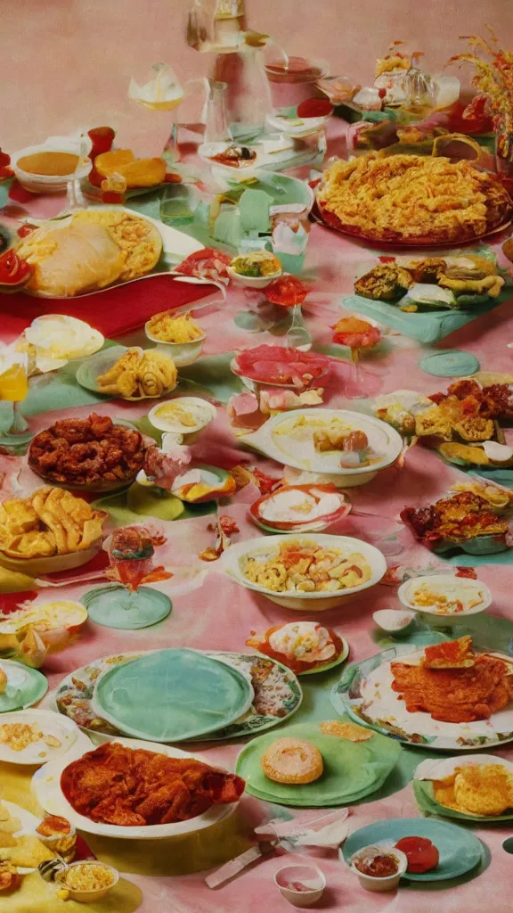 Image similar to 6 0 s food photography of a lavish spread of disgusting and strange party foods, on a velvet table cloth, soft focus