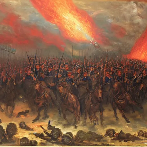 Image similar to Joe Biden leads the armies of hell, oil on canvas, 1883