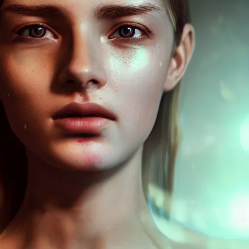 Image similar to portrait art of female angel, art by alessio albi 8 k ultra realistic, angel wings, lens flare, atmosphere, glow, detailed, intricate, full of colour, led lighting, trending on artstation, 4 k, hyperrealistic, focused, extreme details, unreal engine 5, masterpiece