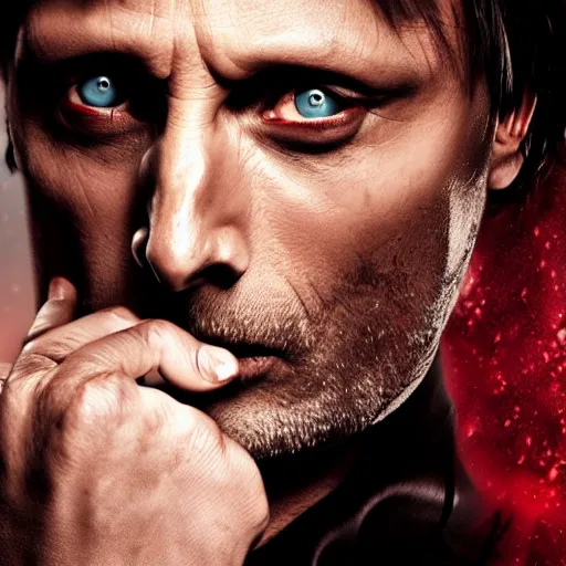 Prompt: mads mikkelsen as a vampire, male, late - 4 0 s aged, shoulder length, slicked black hair, red eyes, clean shaven, wearing a cape, regal, royal, grim facial expression, high medieval fantasy, full color digital art, cinematic shot, full body shot.