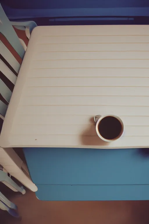 Prompt: a cup of coffee sitting on top of a white table diner booth, high angle, blue booth seats, a hyperrealistic photo by IAN SPRIGGS, flickr, conceptual art, photo taken with ektachrome, photo taken with provia, kodak portrait