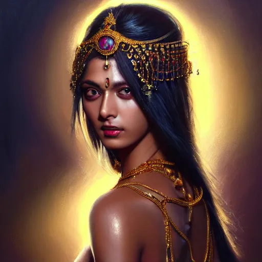 Prompt: expressive oil painting, of alluring indian princess, smooth glowing skin, oiled body, pretty eyes, love, adoration, ornate headpiece of black beads, tattoo, glamour shot, by yoshitaka amano, by greg rutkowski, by jeremyg lipkinng, by artgerm, digital art, octane render