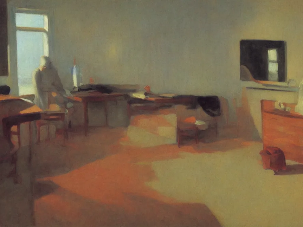 Prompt: the collector of corals in an interior. autumn sunset. painting by hopper