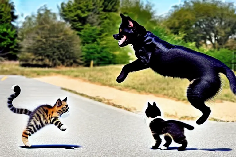 Prompt: Kitten jumping a large dog with a stunt bike