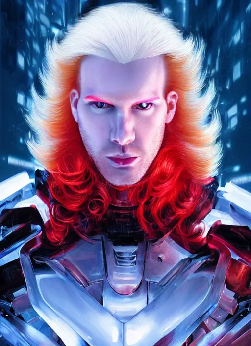 Prompt: a handsome blond genetically engineered male cyborg, super evil red and black glowing. long curly blond hair, very very pale blond hair, fighting with angles glitching out from his psychic resonant presence, very very extreme heavy chromatic aberration, by Julian calle, wlop, Denis Villeneuve, greg rutkowski and thomas kinkade, Finnian MacManus, Syd Mead, Trending on artstation, white and yellow scheme, 8k, wide-angle lens, Unreal Engine