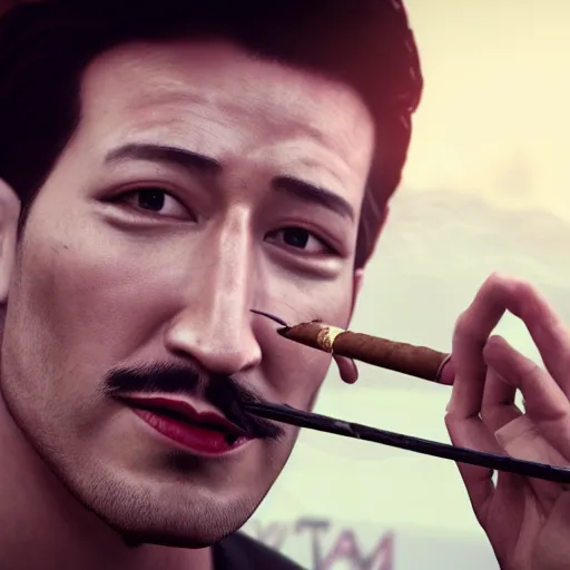 Image similar to a closeup photo of handsome gigachad markiplier smoking a cigar, 8k photorealism, extremly detailed, trending on artstation