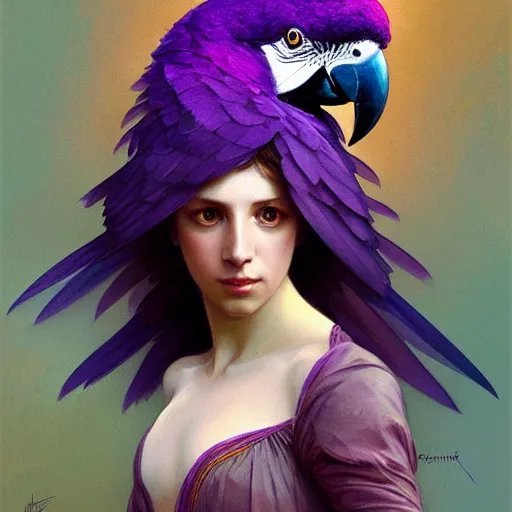 Image similar to portrait of a purple parrot, upper body, long hair, intricate, elegant, highly detailed, digital painting, artstation, concept art, matte, sharp focus, illustration, art by artgerm and greg rutkowski and alphonse mucha