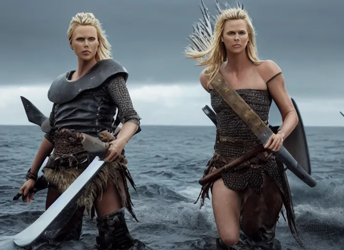 Image similar to film still of charlize theron as a viking women with weapons riding on a jet ski, wearing skin - tight futuristic valkerie bikini, rough seas in background, lightning storms, water world, mad max, hyper - realistic, highly detailed, accurate, 8 k octane render, 2 8 mm, wide angle, rule of thirds