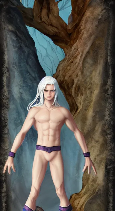 Prompt: the prince of frost standing alone in his court, single person, archfey, upper - body portrait, fantasy, white hair, blue skin, wild eyebrows, young adult, elf, crown, hard edges, soft lighting, professional lighting, trending on artstation