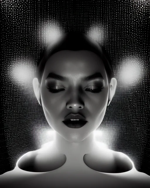 Image similar to black and white high quality photo of a beautiful futuristic dancing female human-AI-queen-insect-looking into a sci-fi mirror:: volumetric lighting, liminal space, brutalism, foggy, dreamy, hyperdetailed, bokeh, photorealistic, cinematic, masterpiece, Metropolis, elegant, dark, octane render, 8K, by Man Ray in the style of Dora Maar