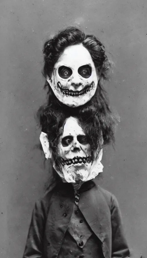 Image similar to a portrait photograph of a victorian wearing a scary vintage halloween mask, 1 9 0 0 s picture