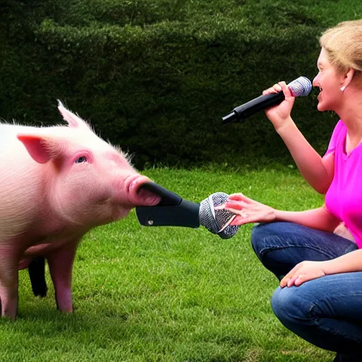 Prompt: a woman interrupts a pig with a microphone