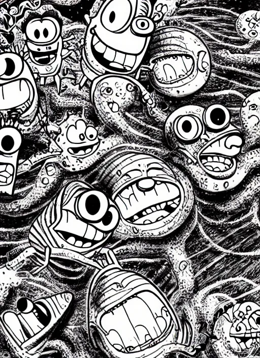 Image similar to junji ito style spongebob squarepants, intricate, highly detailed, illustration, art by junji ito, junji ito