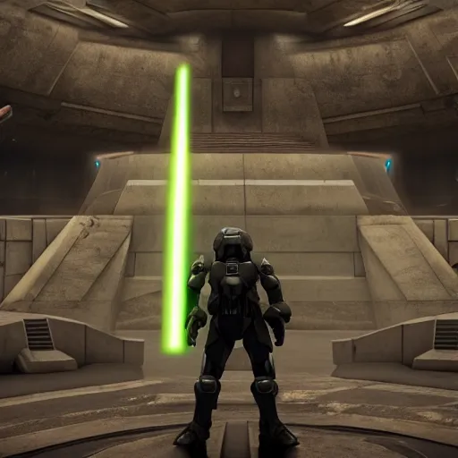 Prompt: master chief standing in front of the jedi temple