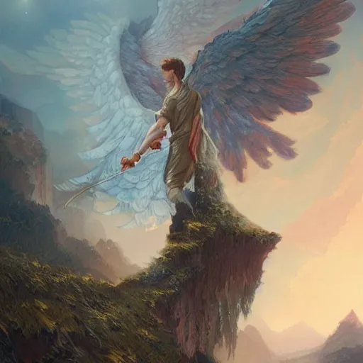 Image similar to angel protecting man falling from a cliff, detailed intricate ink illustration, happy atmosphere, detailed illustration, hd, 4k, digital art, overdetailed art, by greg rutkowski, by loish, complementing colors, Trending on artstation, movie poster style