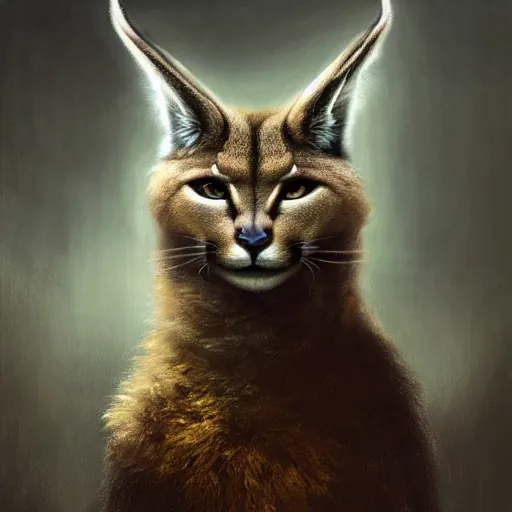 Image similar to a portrait of a cute fluffy caracal wearing leather armor from skyrim, fantasy setting, dark environment, serene colors, soft lighting, atmospheric, cinematic, moody, in the style of diego koi, gina heyer, luiz escanuela, art by alyssa monk, hyperrealism, rule of thirds, golden ratio, oil on canvas, 8 k