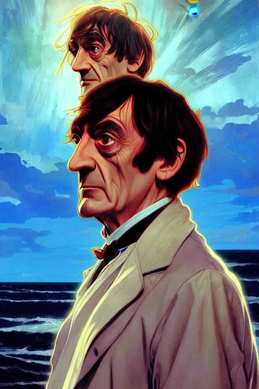 Image similar to the doctor who, patrick troughton on a beach, the ocean in the background, swirling colourful stars in the background, art by artgerm and greg rutkowski and alphonse mucha