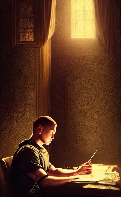 Image similar to portrait of eminem writing in the dark, deep focus, d & d, fantasy, intricate, elegant, highly detailed, digital painting, artstation, concept art, matte, sharp focus, illustration, art by artgerm and greg rutkowski and alphonse mucha