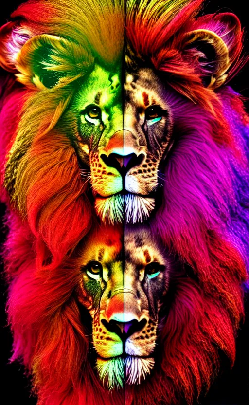 Image similar to highly detailed photo of psychedelic lion skull in the style of Greg Rutswoski, concept art, 8K detail post-processing