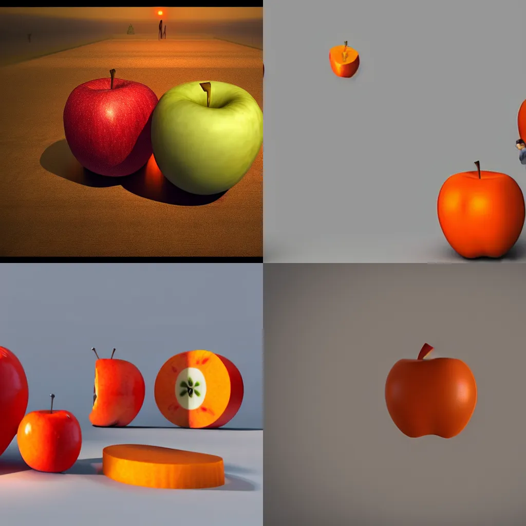 Prompt: An Apple and an Orange duelling with pistols at dawn, 3D animation.