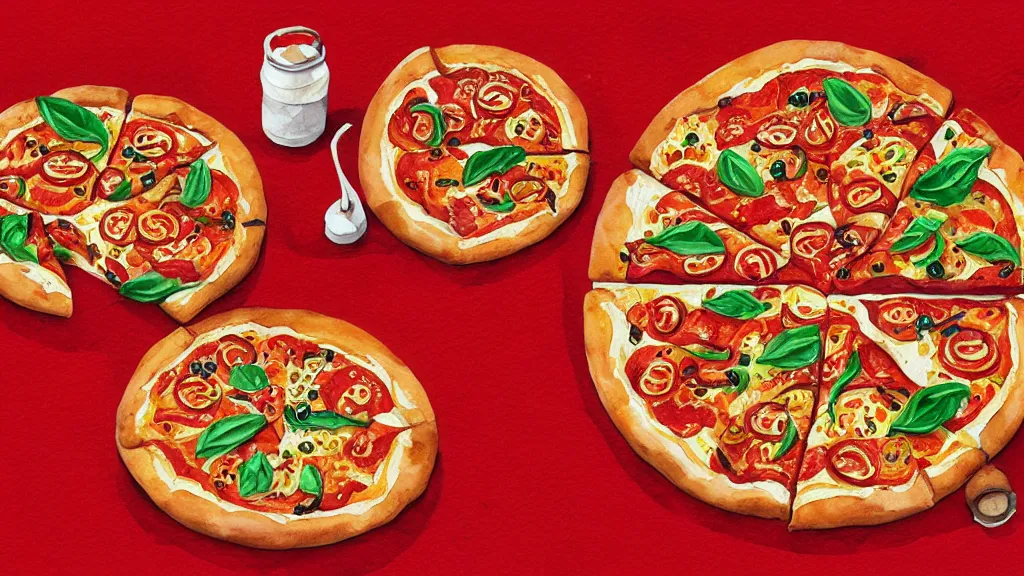 Prompt: maximalist delicious pizza, by kseniia yeromenko, watercolor, illustration, red background