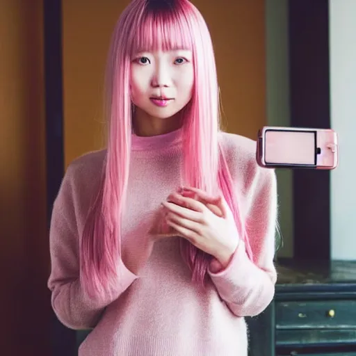 Prompt: selfie photograph of a cute thin petite chinese young woman with light pink hair, long hair, with full bangs, small round face, small nose, porcelain skin tone, red blush, wearing casual sweater, small smile, warm pink living room, medium shot, 8 k, trending on instagram, trending on pinterest, portra 4 0 0