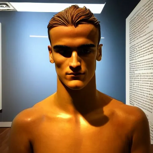 Image similar to “ a realistic detailed photo of a guy who is an attractive humanoid who is half robot and half humanoid, who is a male android, soccer player antoine griezmann, shiny skin, posing like a statue, blank stare, at the museum, on display ”