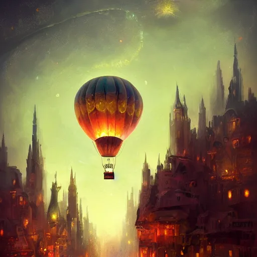 Image similar to a beautiful stunning fantasy whimsical matte digital illustration of a hot - air balloon powered by magic over a lit city at night by marc simonetti, pastel color palette, disney magic the gathering steampunk, chiaroscuro magical bokeh moon stars dramatic romantic, trending on artstation hq, masterpiece