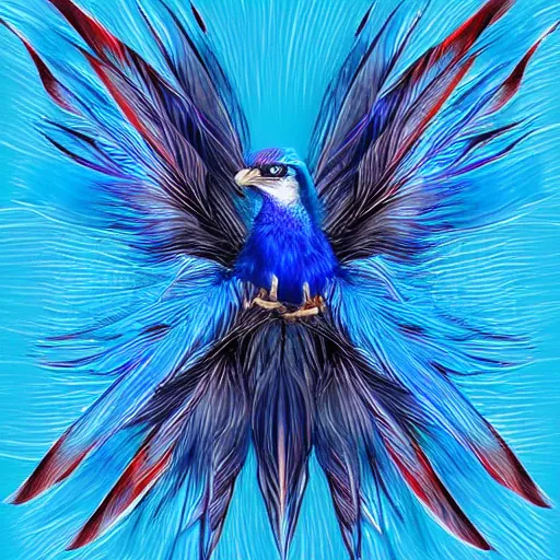 Image similar to blue phoenix bird, his feathers are blue electrical arches, high - quality, realistic