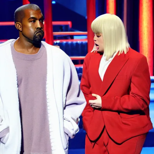 Prompt: kanye west wearing a blond wig snl monologue