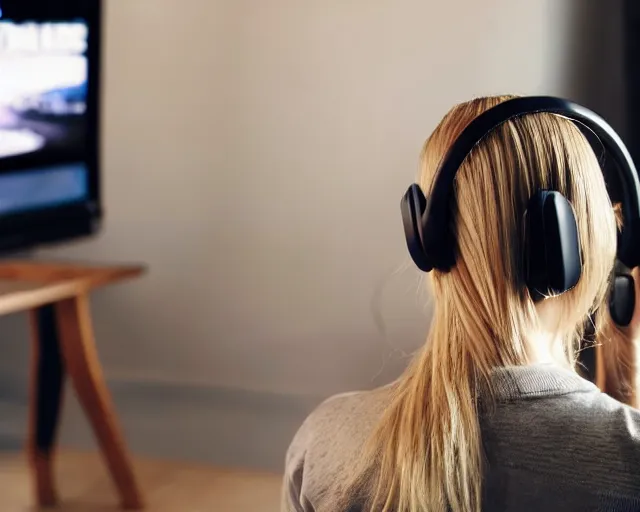 Prompt: view from behind of a cute beautiful blonde woman wearing headset playing game, watching television displaying call of duty, intricate detail, cinematic composition