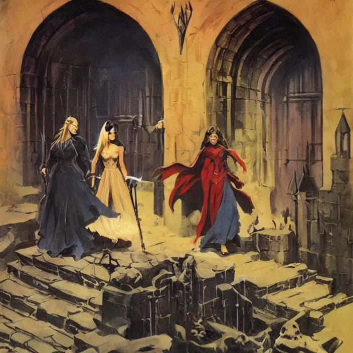 Prompt: female aurors at entrance of hogwarts by frank frazetta