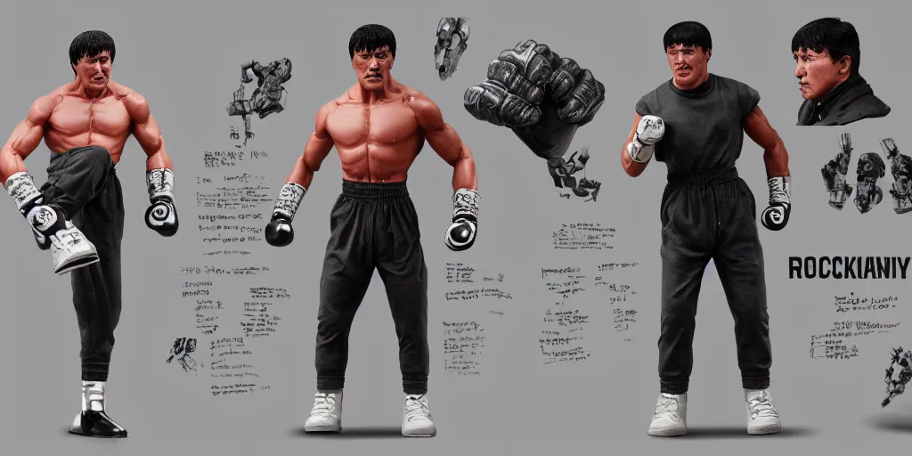 Image similar to rocky balboa with cybernetic fists, character sheet, concept design, contrast, hot toys, kim jung gi, greg rutkowski, zabrocki, karlkka, jayison devadas, trending on artstation, 8 k, ultra wide angle, pincushion lens effect