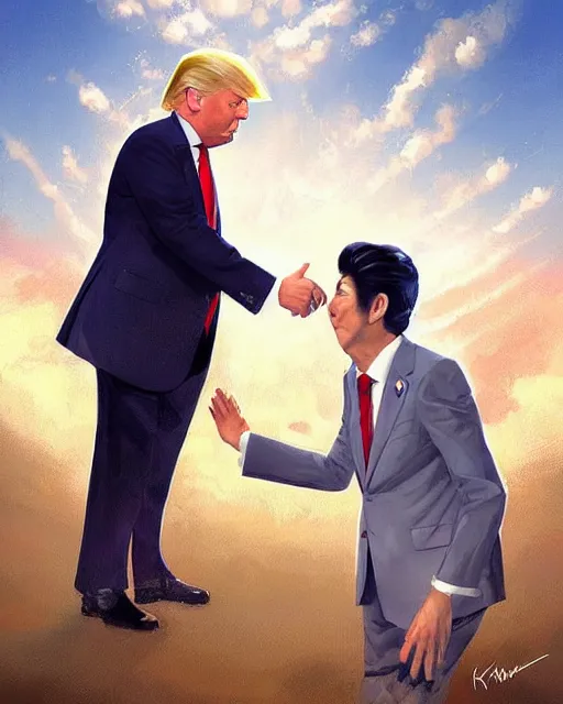 Prompt: donald trump and shinzo abe facing each other off dressed in spaceship pilot dresses shaking hands, portrait, illustration, rim light, top light, perfectly shaded, spring time, slight overcast lighting, soft painting, art by krenz cushart and wenjun lin