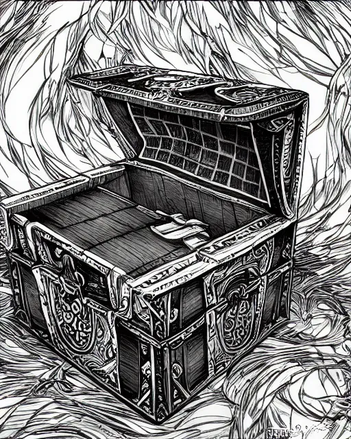 Prompt: a treasure chest closed, black and white, fantasy art, object art, in the style of masami kurumada, illustration, epic, fantasy, intricate, hyper detailed, artstation, concept art, smooth, sharp focus, ray tracing