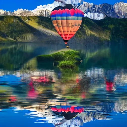 Image similar to photo of two black swans touching heads in a beautiful reflective mountain lake, a colorful hot air balloon is flying above the swans, hot air balloon, intricate, 8k highly professionally detailed, HDR, CGsociety