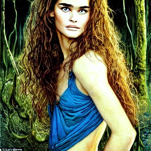 Image similar to a realistic, very beautiful and atmospheric portrait of young brooke shields in the movie blue lagoon aged 1 8 as a druidic warrior wizard looking at the camera with an intelligent gaze by rebecca guay, michael kaluta, charles vess and jean moebius giraud