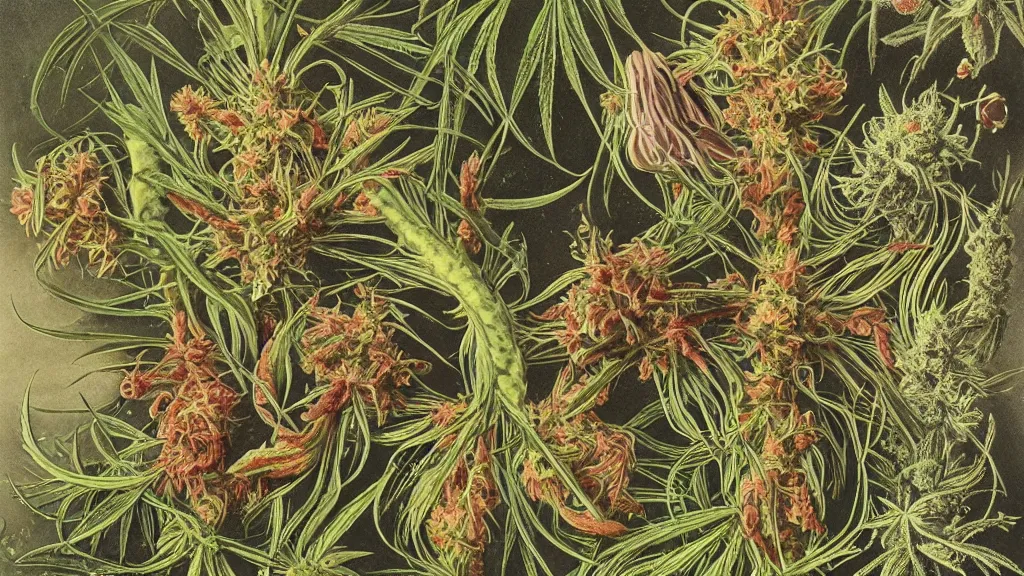 Image similar to Cannabis buds, by Ernst Haeckel and by Walton Ford