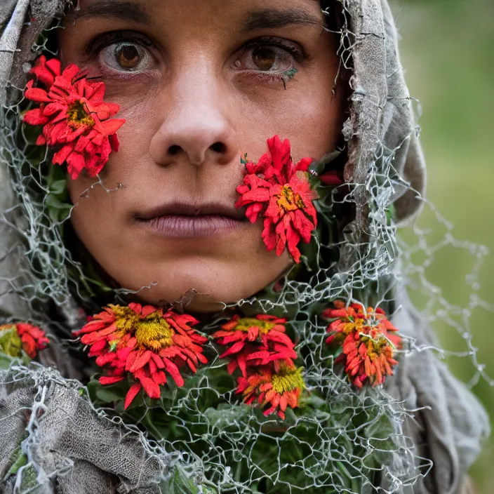 Prompt: a closeup portrait of a woman wearing a hooded cloak made of zinnias and barbed wire, in a derelict house, detailed face, CANON Eos C300, ƒ1.8, 35mm, 8K, medium-format print