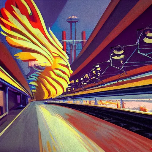 Image similar to detailed rooster, clockwork, moment, tectonic sky, skydome, bullet train, turbines, utopian, tech noir, wet reflections, prism, atmospheric, ambient, pj crook, syd mead, malcom t liepke, emma uber, edward hopper