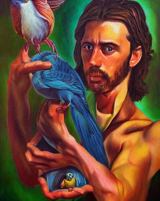 Prompt: a realistic stylized phychedelic painting of a man holding a bird in his hand, an oil painting by benito quinquela martin, behance contest winner, american scene painting, oil on canvas, detailed painting, art