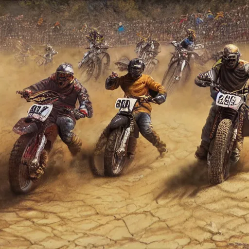 Prompt: erzberg rodeo off road motorcycle race in a dante's inferno, realistic painting art, super detailed, 2 riders are chasing each other