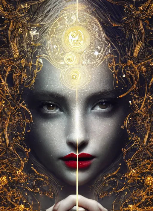 Image similar to white moon, glowing silver and golden elements, full close-up portrait, young female model from shutterstock as a dark witch, book cover, green forest, red lips, establishing shot, extremly high detail, photo-realistic, cinematic lighting, pen and ink, intricate line drawings, by Yoshitaka Amano, Ruan Jia, Kentaro Miura, Artgerm, post processed, concept art, artstation, matte painting, style by eddie, raphael lacoste, alex ross